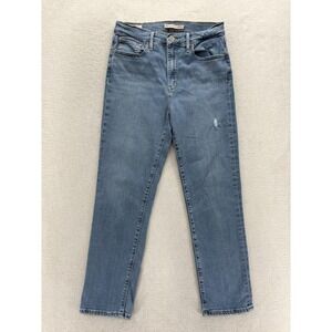 Levis Premium 724 High Rise Straight Crop Jeans Womens 29 Blue Distressed Retro